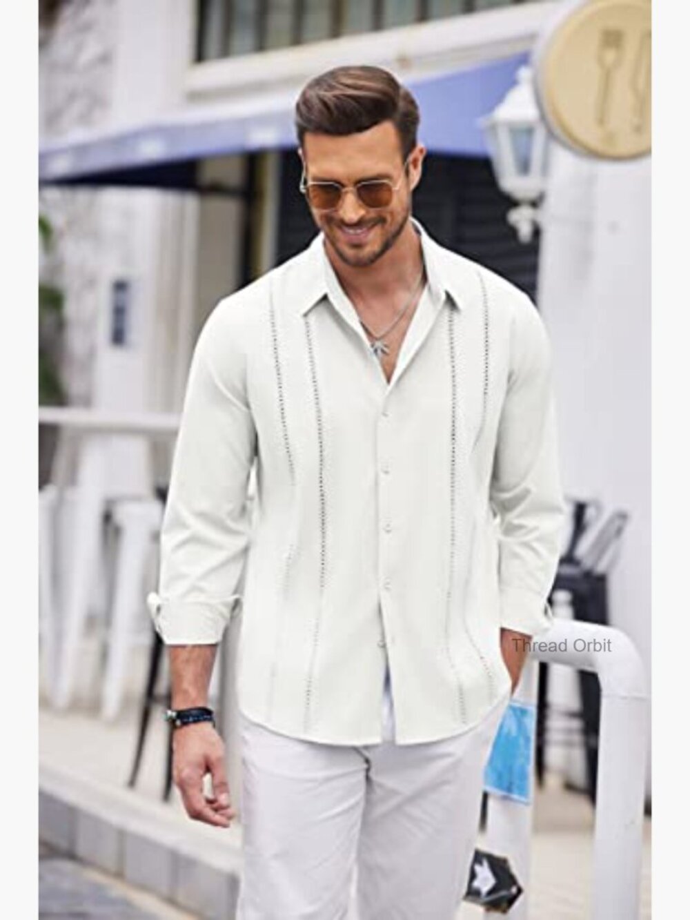 Men's Cuban Guayabera Shirt Long Sleeve Button Down Summer Beach Casual - Picture 4 of 7